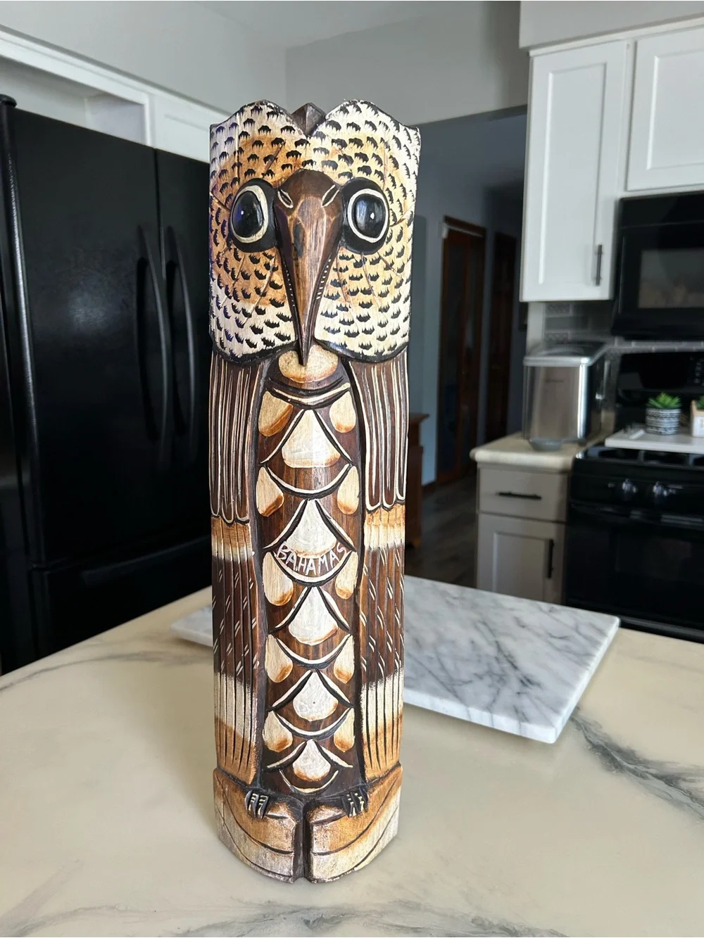 Hand-Carved Wooden Owl Tiki Statue - Brown & Cream